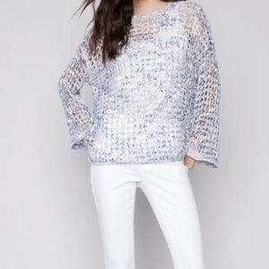 Charlie B Blue and White Tie-Dye Fishnet Knit Sweater